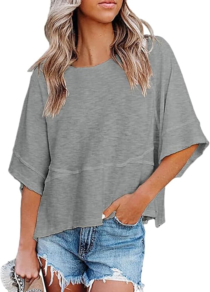 Womens Fashion T-Shirt Crewneck 3/4 Sleeves Solid Color Loose Basic Pullover Tops Summer Casual Tees Blouses