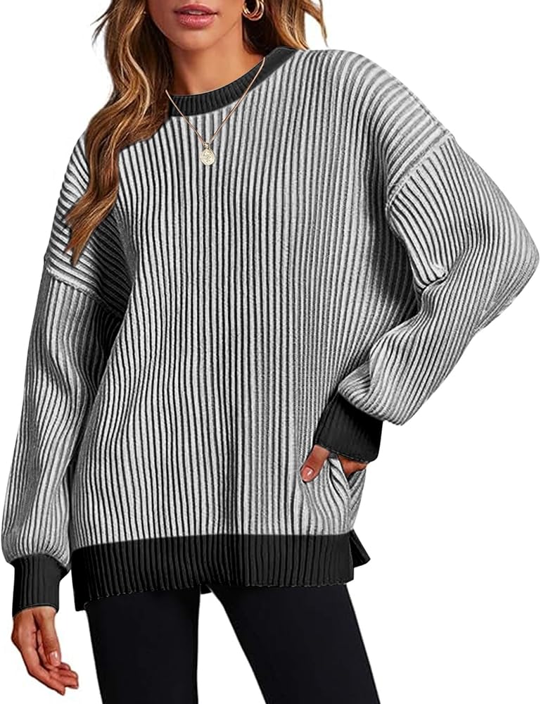 Zeagoo Women 2024 Fall Sweater Crew Neck Casual Long Sleeve Color Block Loose Pullover Rib Knit Blouse Tops XS-XXL