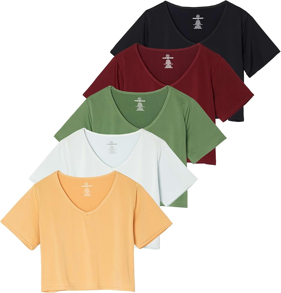 Real Essentials 5 Pack: Women's Dry-Fit Short Sleeve V-Neck Crop Top Boxy Athletic Tee