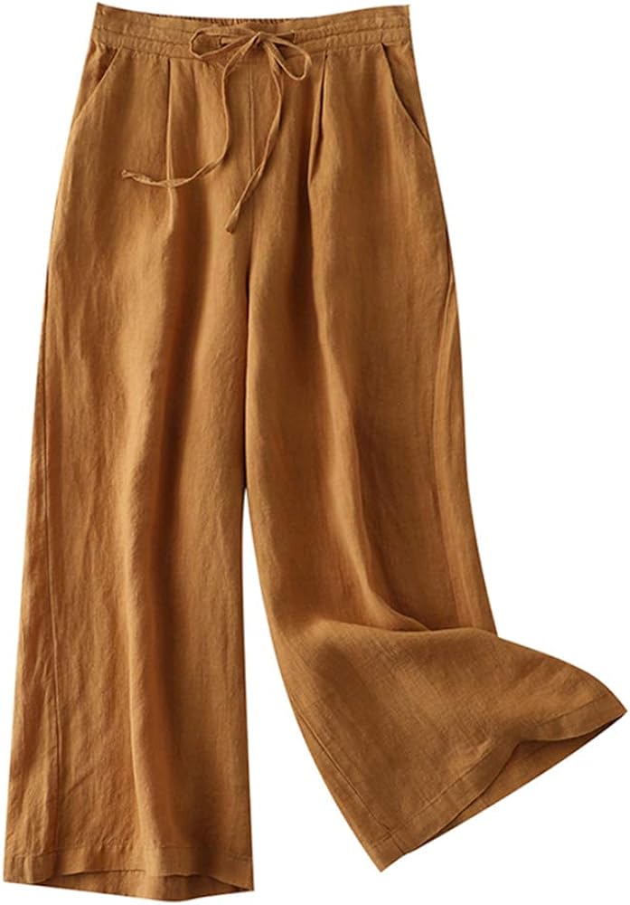 LaovanIn Women's Wide Leg Palazzo Pants Linen Drawstring Cropped Pants Trousers Culottes