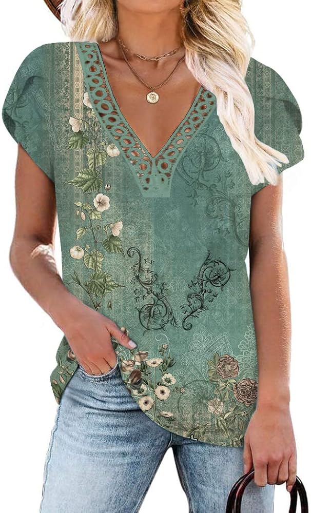 Women's Short Petal Sleeve Shirts V Neck Lace T Shirt Loose Fit Tops