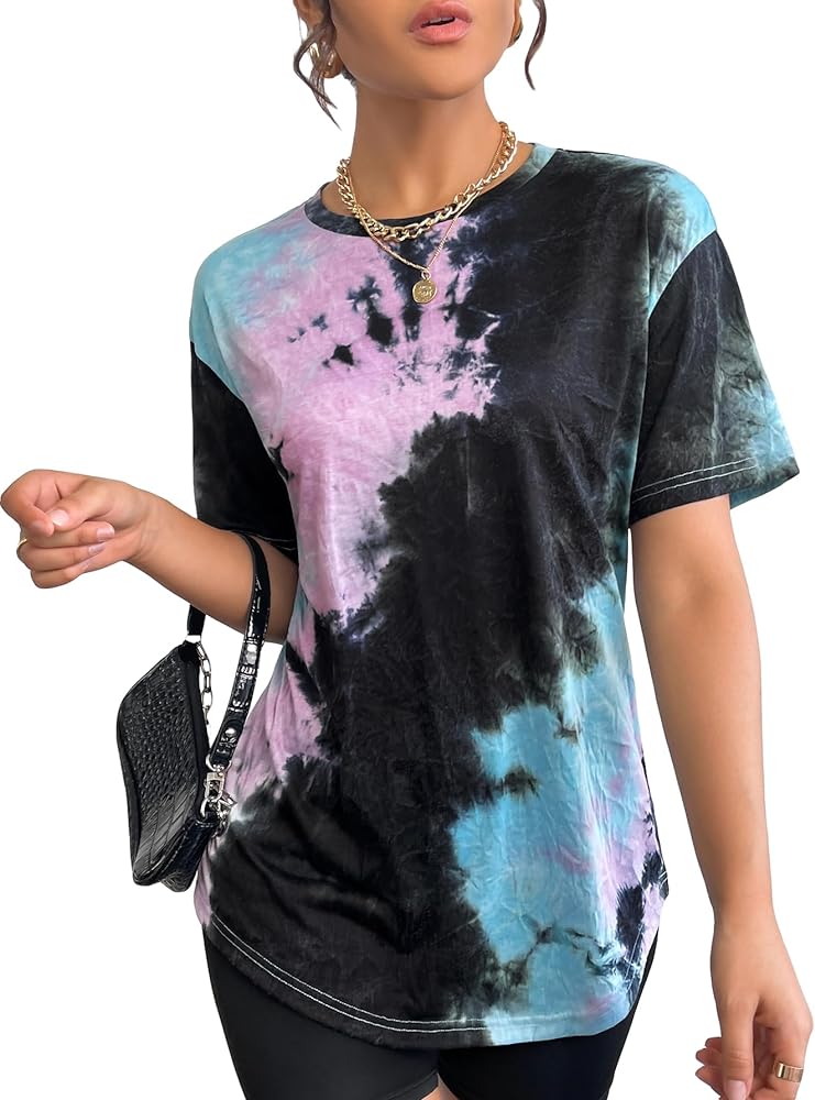 SOLY HUX Women's Tie Dye Shirt Short Sleeve Round Neck Tees Casual T Shirts Summer Tops