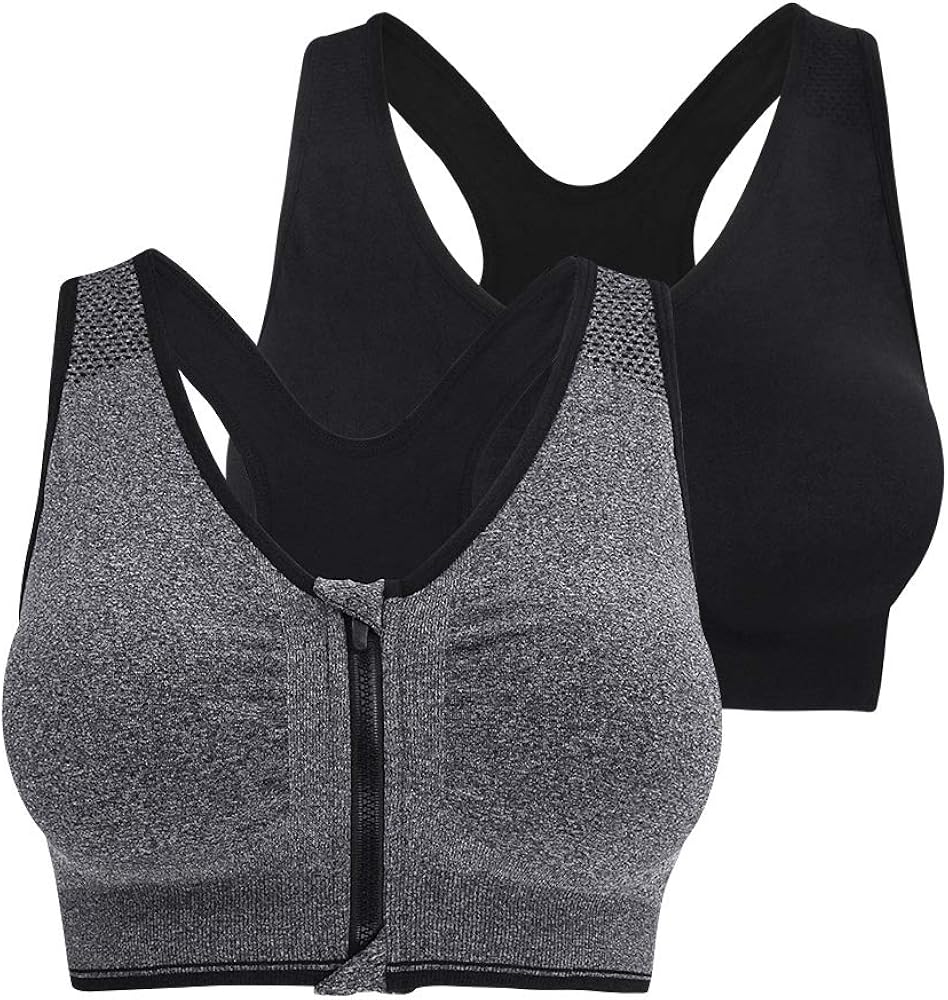 Fapreit Women's Zip Front Closure Sports Bra - Seamless Wirefree Post Surgery Zipper Padded Racerback Workout Gym Yoga Bras