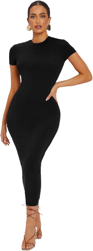 Verdusa Women's Round Neck Cap Sleeve Solid Long Pencil Bodycon Dress