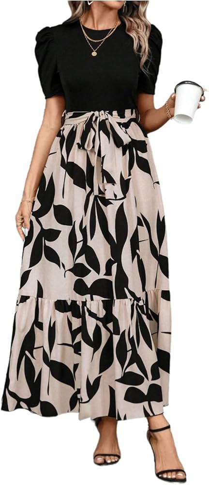 Verdusa Women's Puff Sleeve A Line Flowy Maxi Dress Round Neck Belted Flared Dress