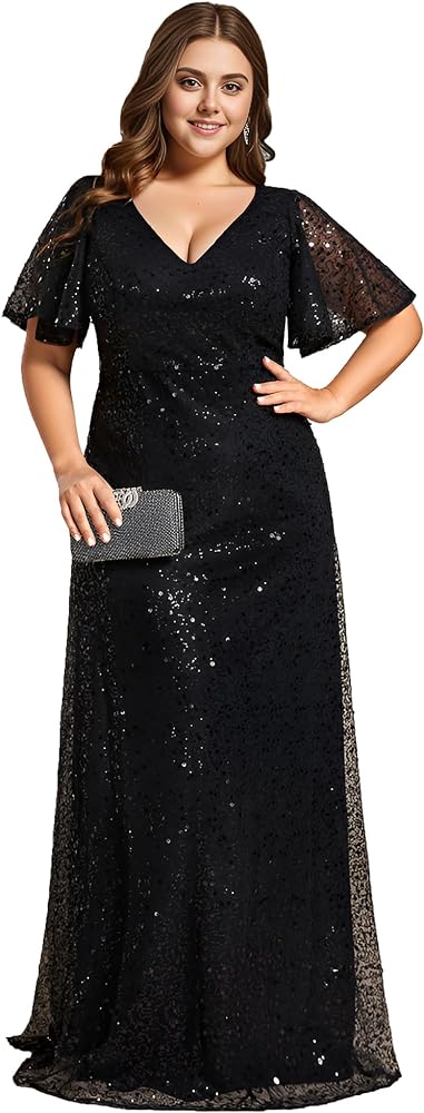 Ever-Pretty Women's V Neck Short Sleeves Plus Size Sequin A Line Maxi Evening Dresses