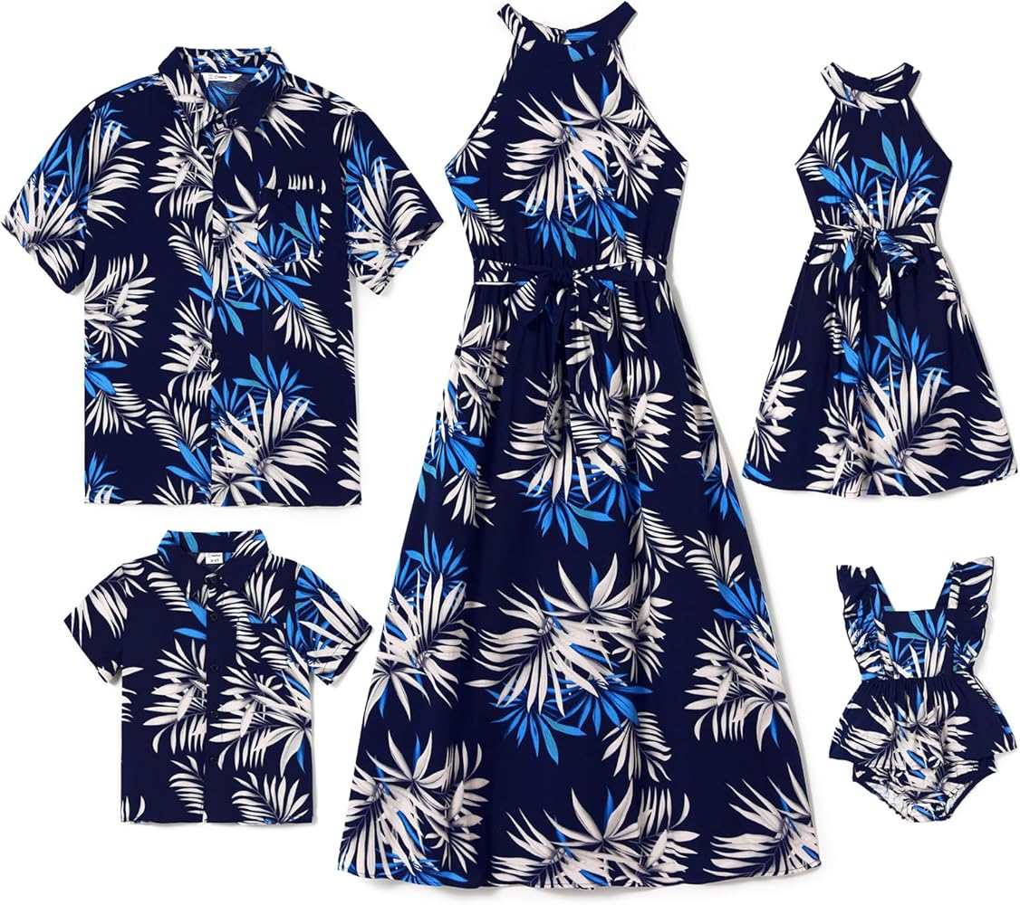 PATPAT Family Hawaiian Matching Outfits Mommy and Me Outfits Beach Vacation Tropical Print Halter Sundresses and Shirts