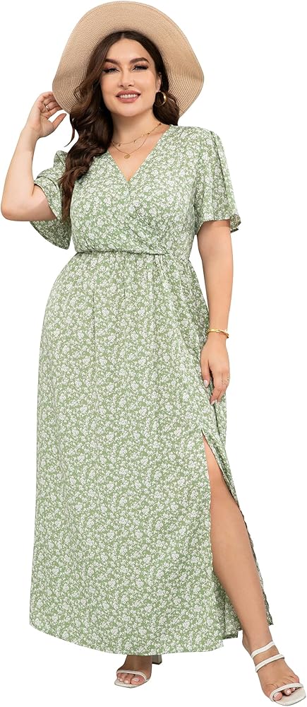 KOJOOIN Women Plus Size Wrap Maxi Dress Short Flutter Sleeves Empire Waist Side Split A Line Casual Dress