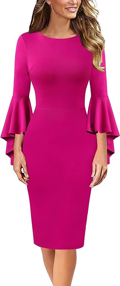 VFSHOW Womens Ruffle Bell Sleeves Business Cocktail Party Bodycon Pencil Sheath Dress