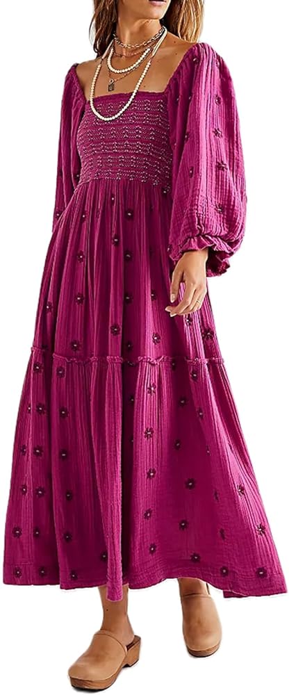 Women's Flower Embroidered Maxi Dress Lantern Sleeve Square Neck Tiered Flowy Spring Fall Dress