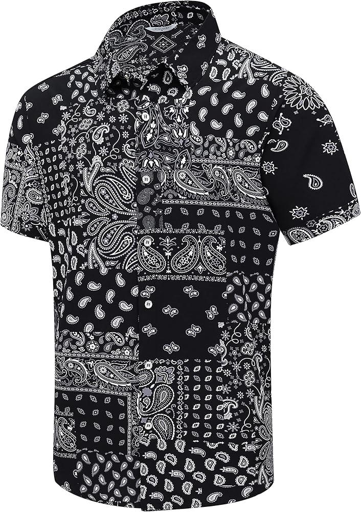 SheLucki Hawaiian Shirt for Men, Unisex Summer Beach Casual Short Sleeve Button Down Shirts, Printed Palmshadow Clothing