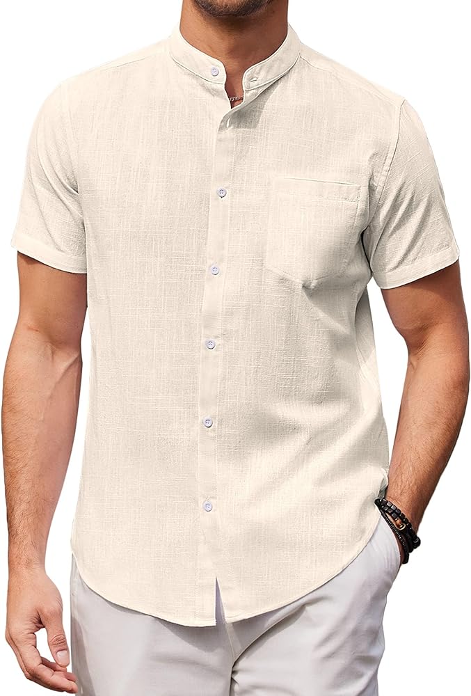 COOFANDY Men's Banded Collar Beach Shirt Cotton Linen Casual Button Down Short Sleeve Shirts