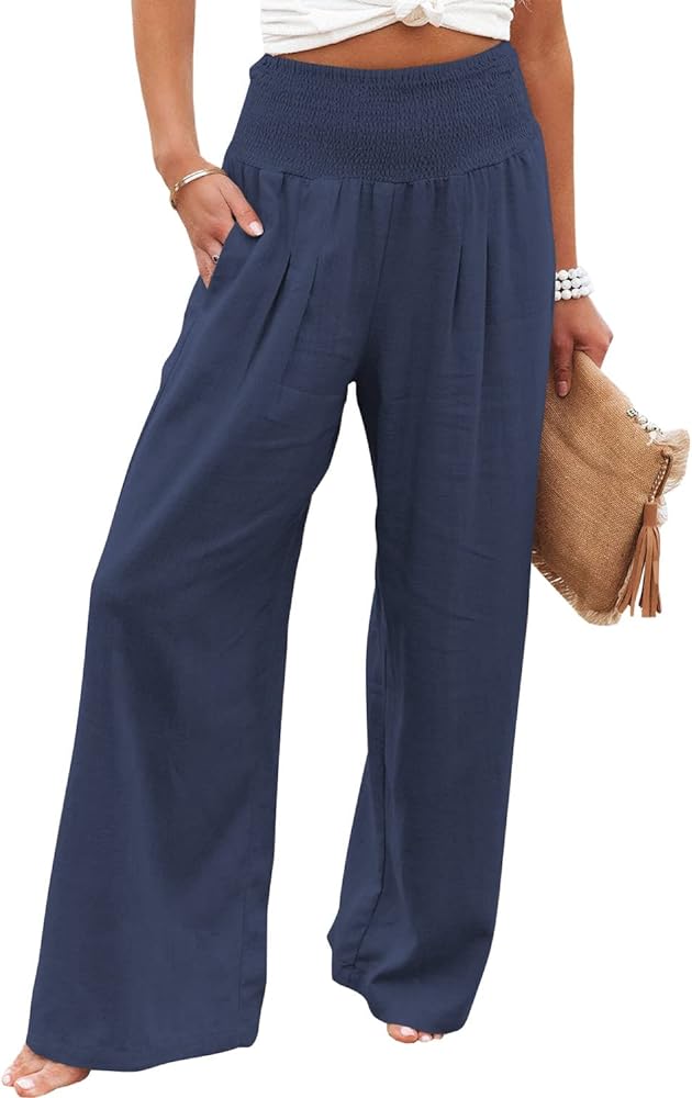 Vansha Women Summer High Waisted Cotton Linen Palazzo Pants Wide Leg Long Lounge Pant Trousers with Pocket