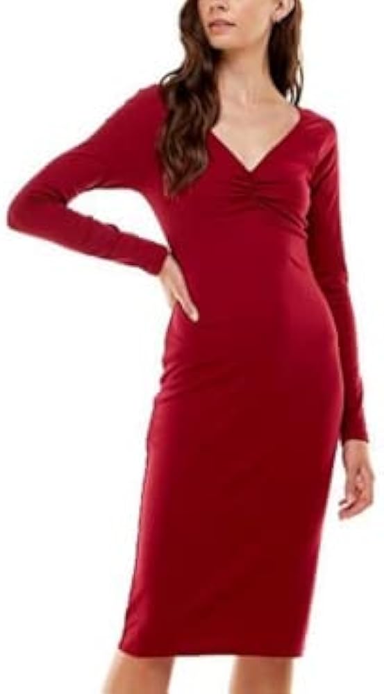 Womens Red Stretch Ruched Cut Out Long Sleeve V Neck Knee Length Cocktail Sheath Dress L