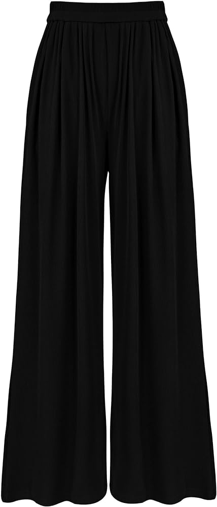 BTFBM Women's Casual Wide Leg Pants Summer Fall Clothes Pleated Elastic Waist Loose Palazzo Knit Trousers with Pockets