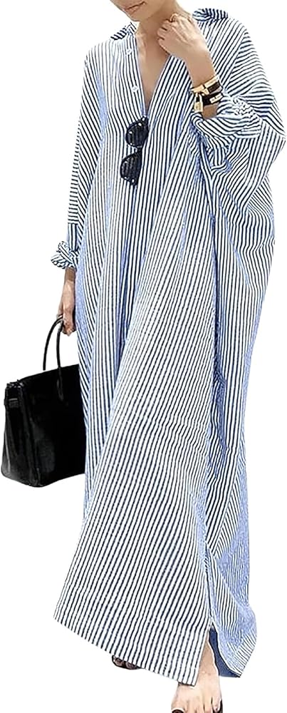 ebossy Women's Casual Stripes Buttoned Long Sleeve Oversized Loose Fit Maxi Shirt Dress Plus Size