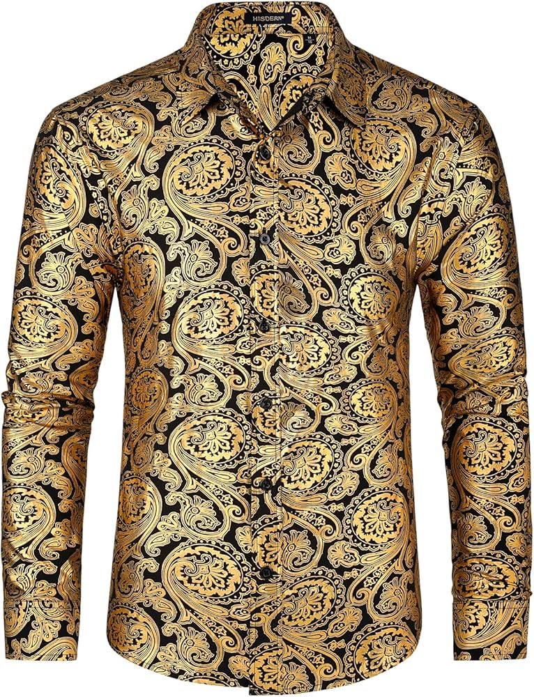 HISDERN Men's Shiny Satin Dress Shirts Luxury Floral Jacquard Slik Like Long Sleeve Fashion Shirt for Wedding Party Prom