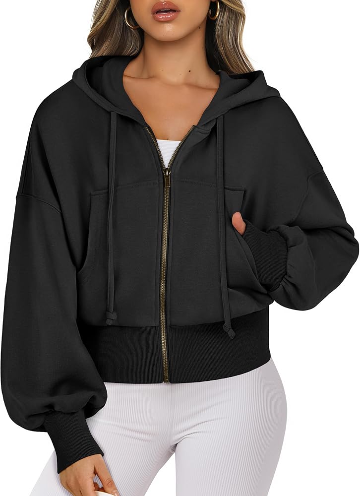 ANRABESS Women's Zip Up Cropped Hoodies Casual Sweatshirts Full Zip Crop Jacket With Pockets 2024 Fall Fashion Y2k Clothes