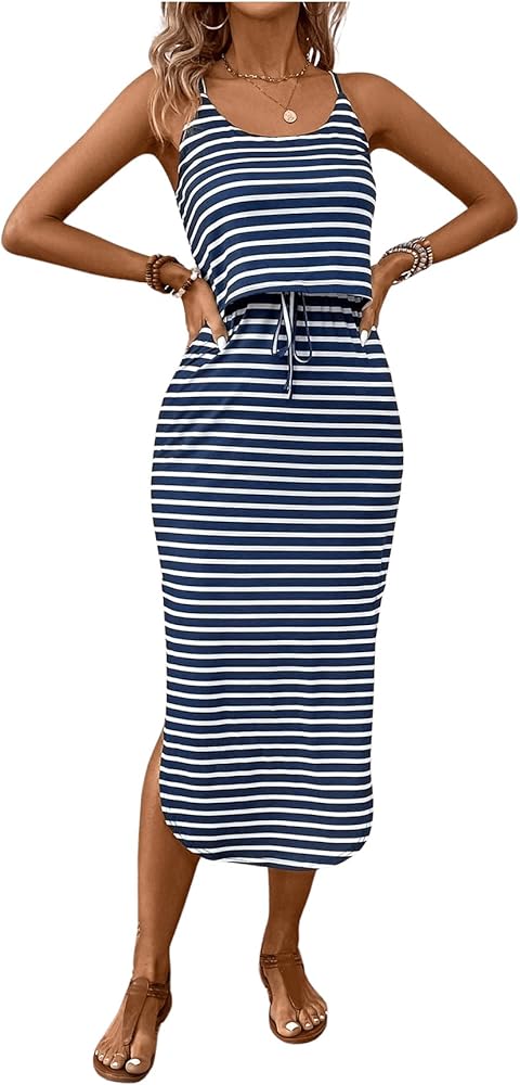 SOLY HUX Women's Striped Cami Dress Drawstring Split Hem Spaghetti Strap Midi Dresses