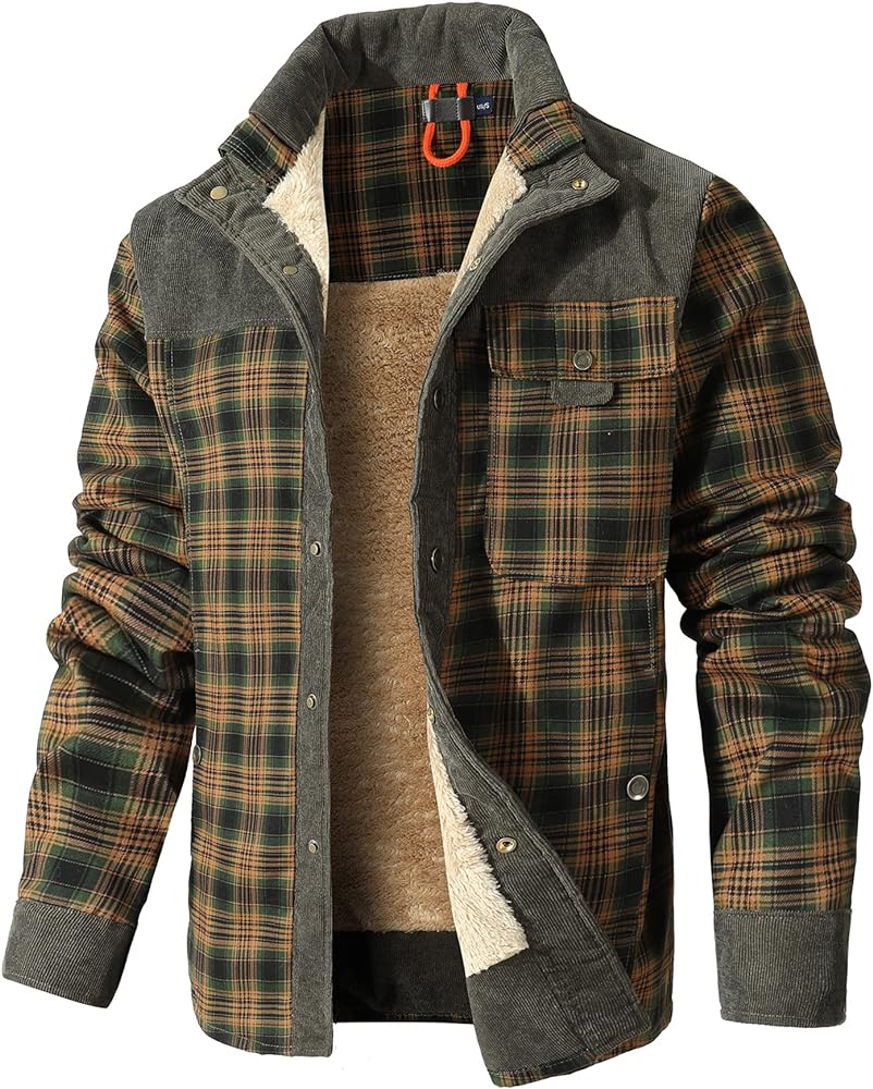 HYPESTFIT Men's Corduroy Plaid Sherpa Lined Flannel Shirt Jacket Fleece Coat