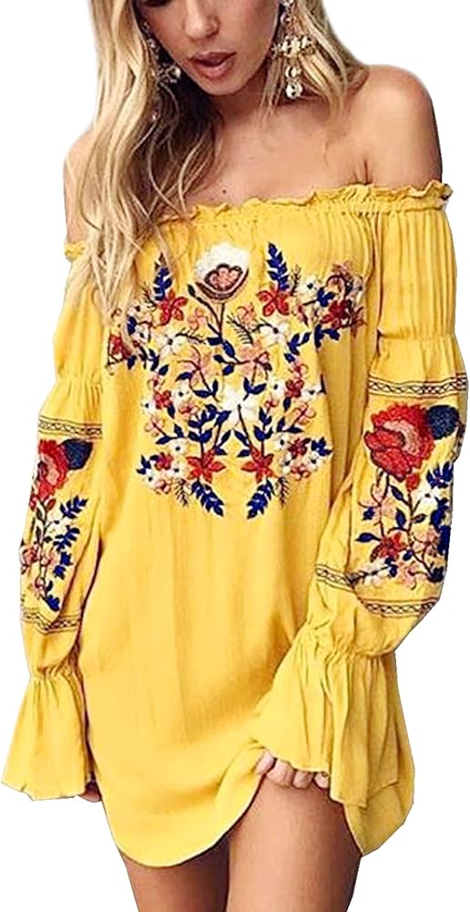 R.Vivimos Womens Floral Embroidered Off Shoulder Long Sleeve Short Dresses