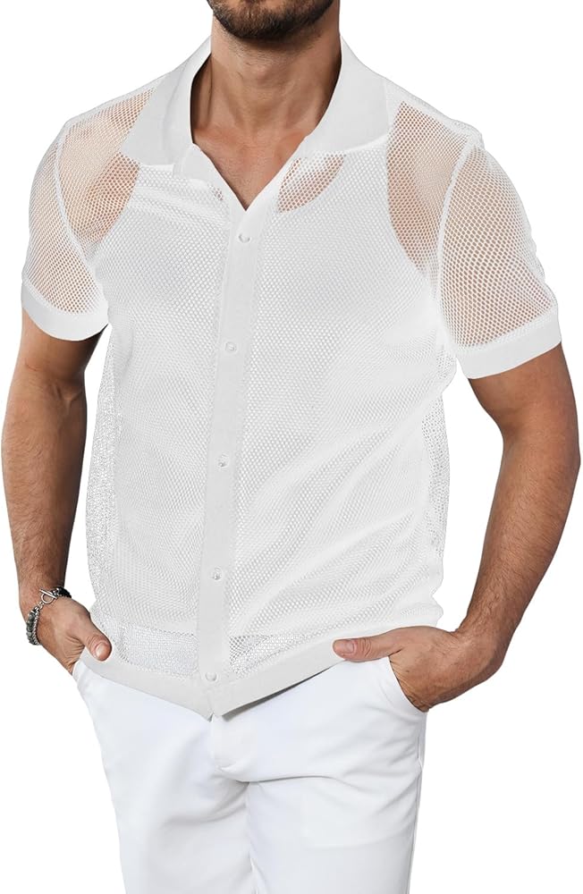 Mens Mesh Casual Button Down Shirts Short Sleeve See Through Fishnet Beach Summer Shirts for Men