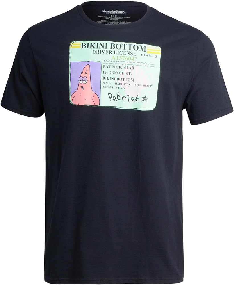 Nickelodeon Men's T-Shirt - Spongebob and Patrick Bikini Bottom Driver’s License Short Sleeve Shirt –Graphic Tee (S-XXL)