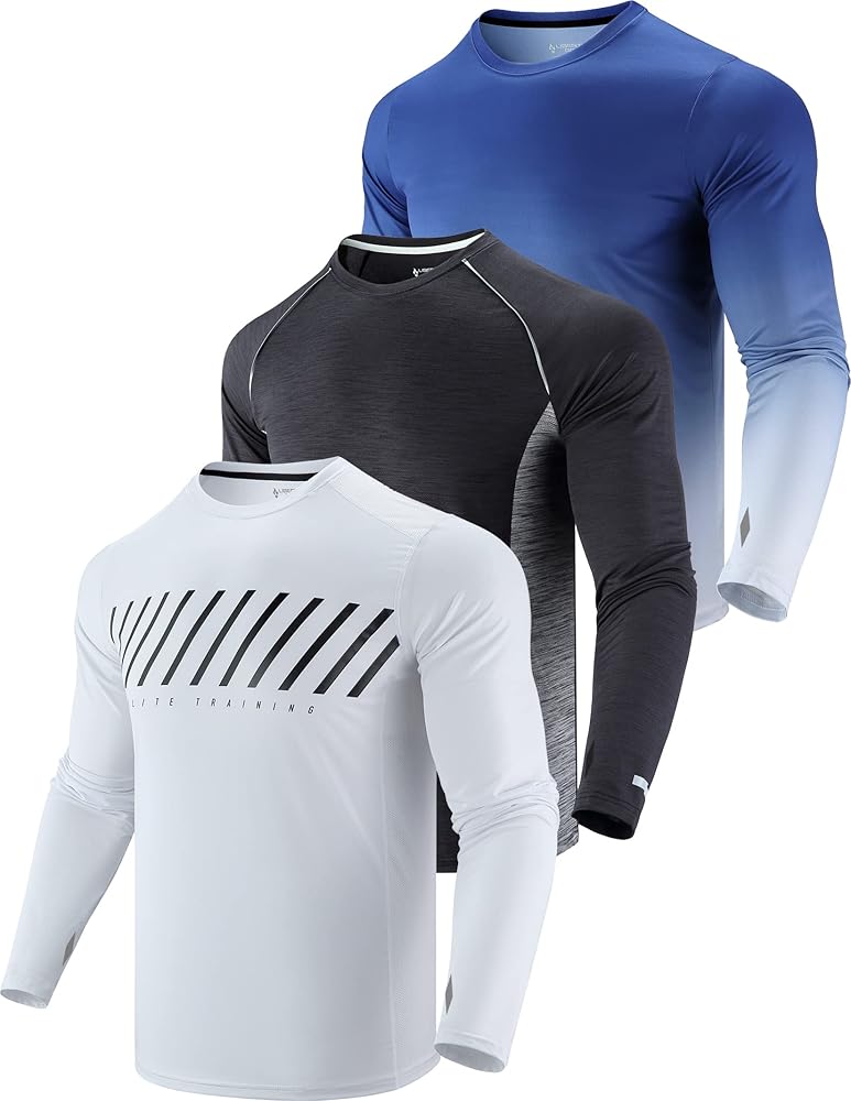 3 Pack: Men's Long Sleeve T Shirts, Dry Fit UV Sun Protection Outdoor Hiking Athletic Active Tops with Thumb Holes