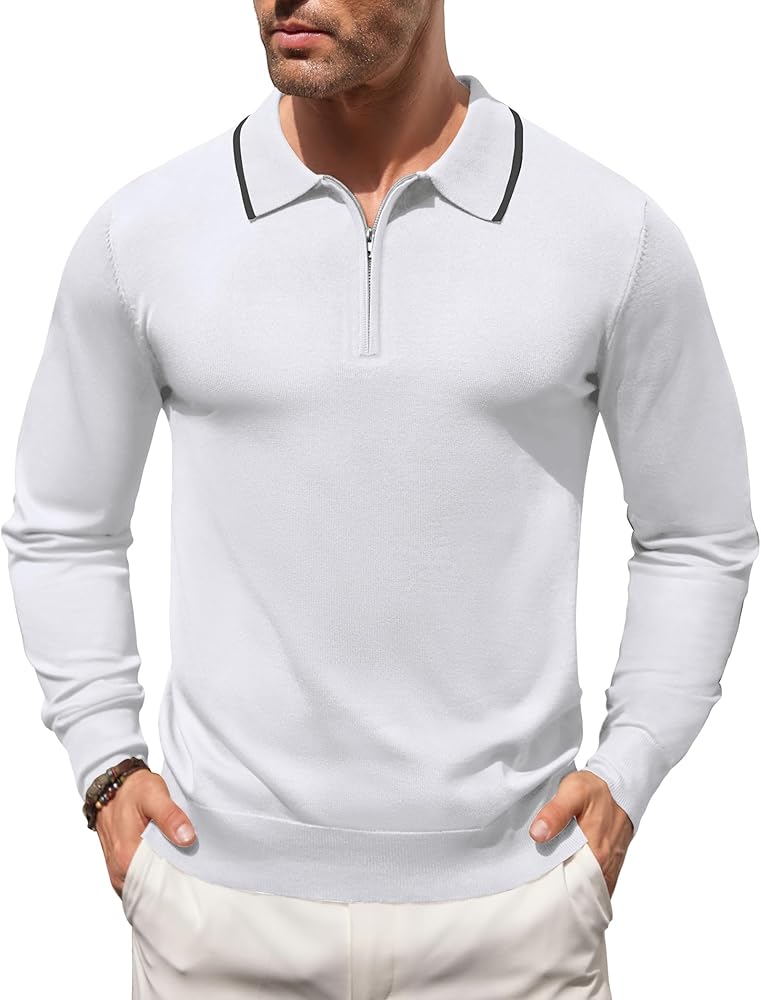 COOFANDY Men's Knit Polo Shirt Long Sleeve Quarter Zip Polo Sweater Casual Golf Shirts Vintage Striped Collar Polo