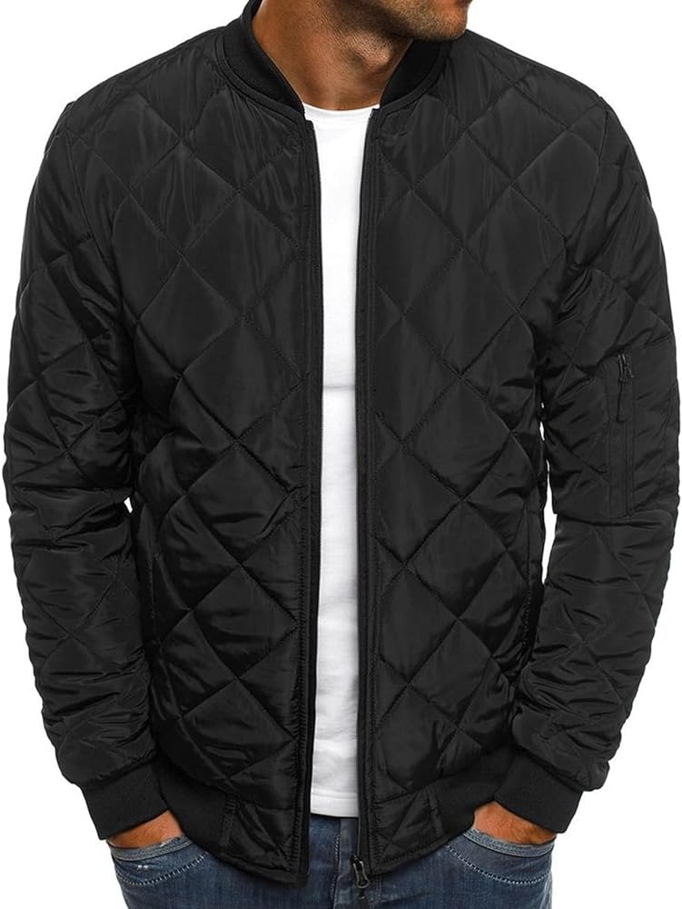 Men Flight Bomber Jackets Diamond Quilted Lightweight Varsity Jacket Full Zip Up Softshell Winter Warm Padded Coat