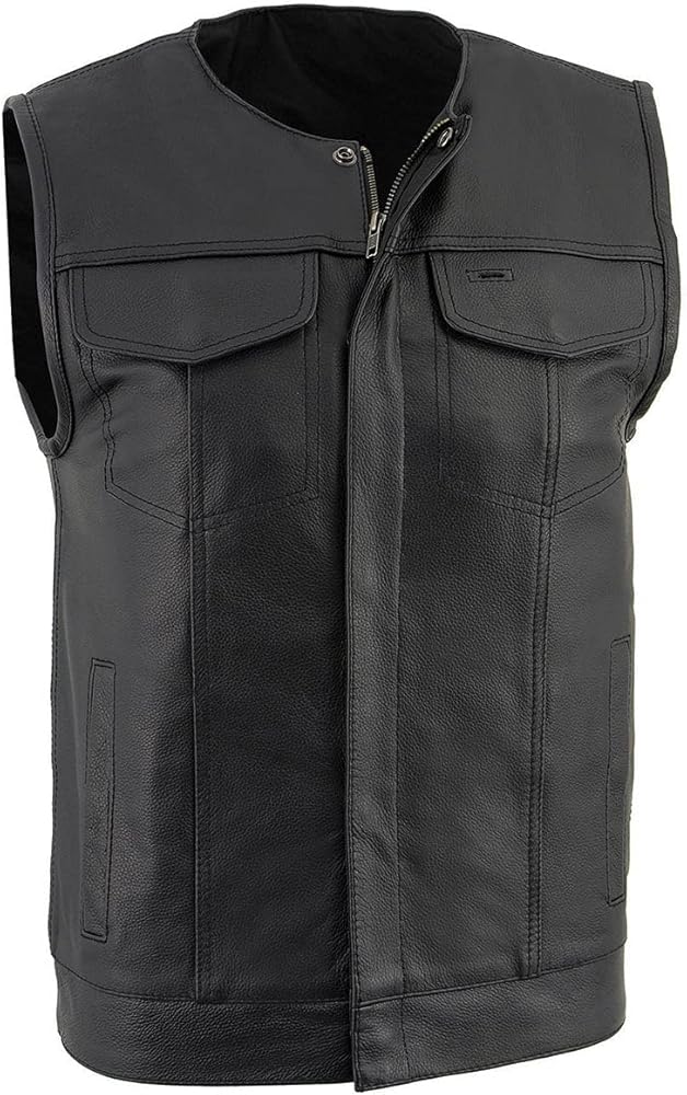 Milwaukee Leather LKM3711 Men's Black Leather Collarless Club Style Motorcycle Rider Vest w/Dual Front Closure