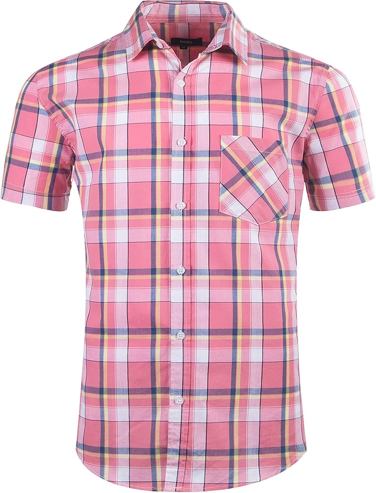 Men's Button Down Plaid Short Sleeve Work Casual Western Shirt