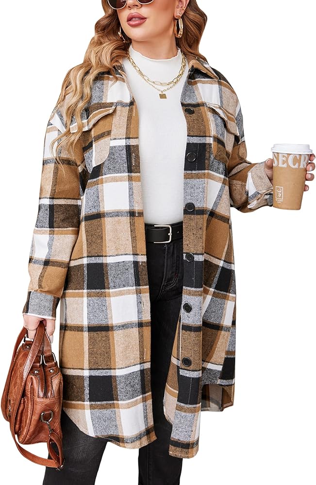 IN'VOLAND Womens Plus Size Flannel Plaid Shirts Long Sleeve Lounge Lapel Boyfriend Button Down Tartan Long Jacket Coats