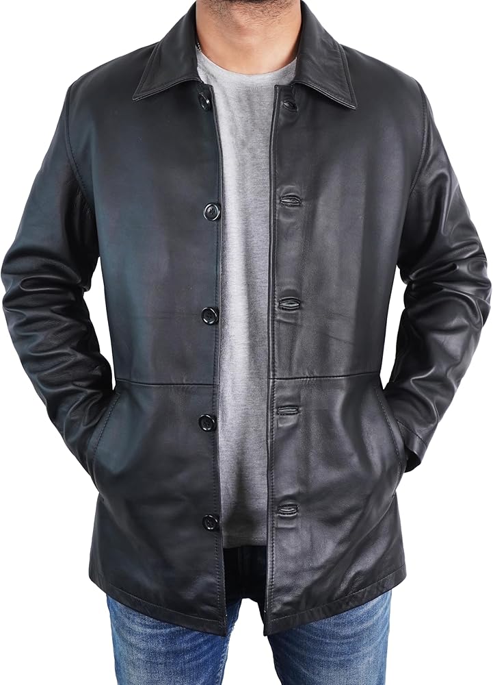 Mens Classic Winter Leather Car Coat 3/4 Length - Button Up Real Lambskin Long Jacket