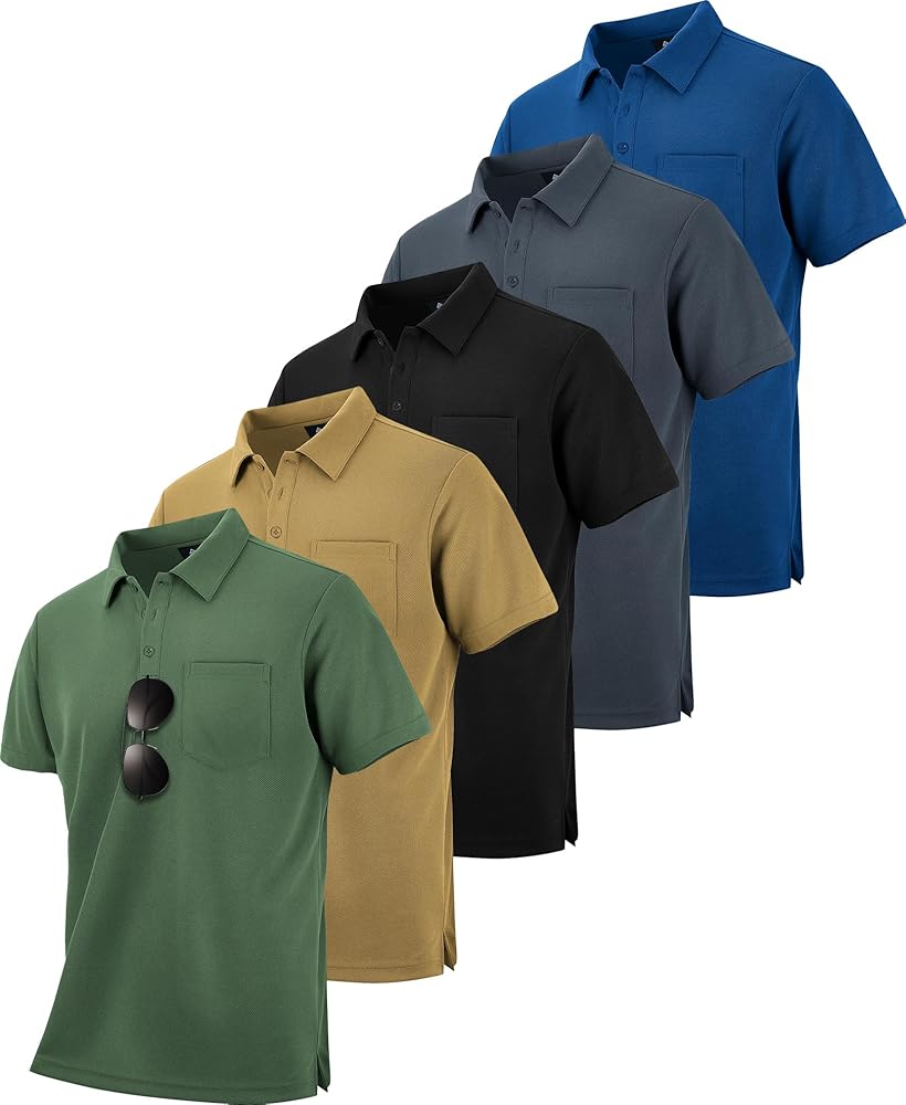 5 Pack Pocket Polo Shirts for Men Cool Dri Short Sleeve Athletic Performance Work Shirts Casual