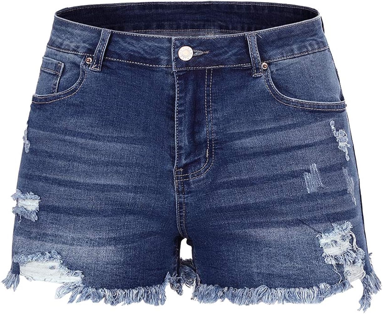 THUNDER STAR Women Mid Rise Ripped Stretchy Jeans Shorts Frayed Raw Hem Casual Denim Shorts