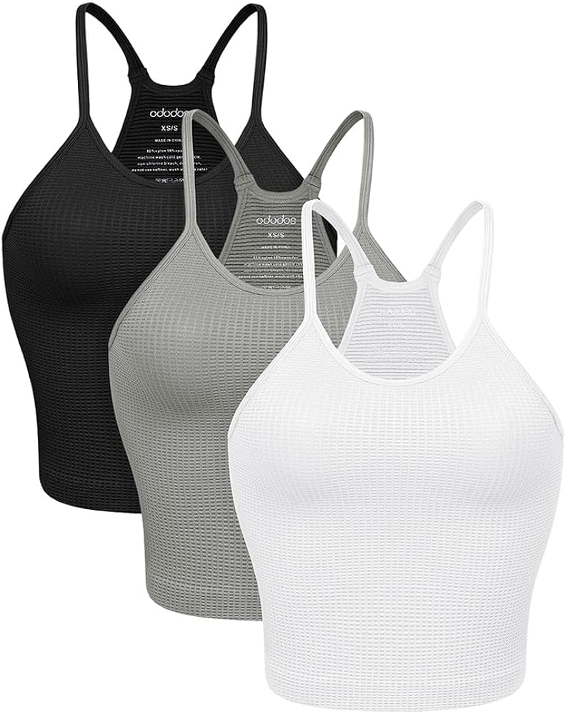 ODODOS Women's Crop 3-Pack Waffle Knit Seamless Camisole Cropped Tank Tops