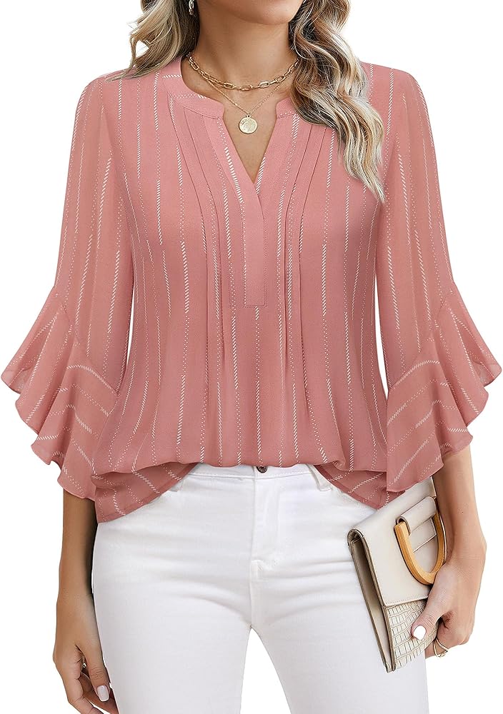 Timeson Women's 3/4 Sleeve Tops Dressy Casual Business Work Blouses Chiffon Office Shirts