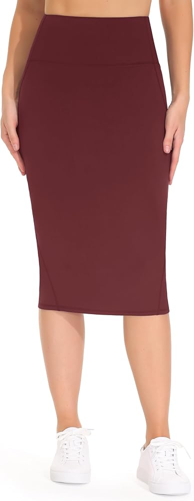 THE GYM PEOPLE Women's High Waist Tummy Control Pencil Skirts Stretchy Bodycon Midi Skirt below Knee with Back Slit