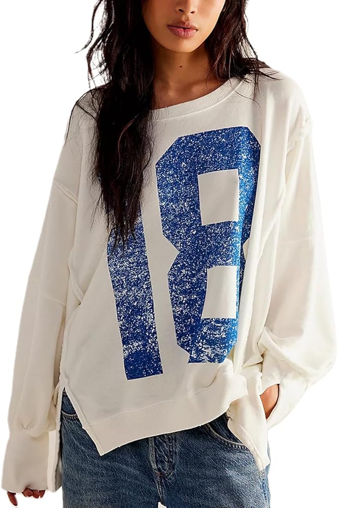 Amiblvowa Women Oversized Graphic Sweatshirt Long Sleeve Drop Shoulder Crewneck Vintage Pullover Sweater Jacket Y2k Top