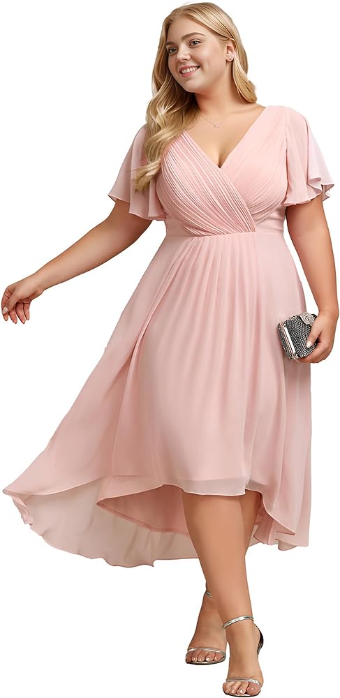 Ever-Pretty A Line Ruched V Neck Chiffon Short Sleeves Knee Length Plus Size Wedding Guest Dresses for Curvy Women 01923-DA