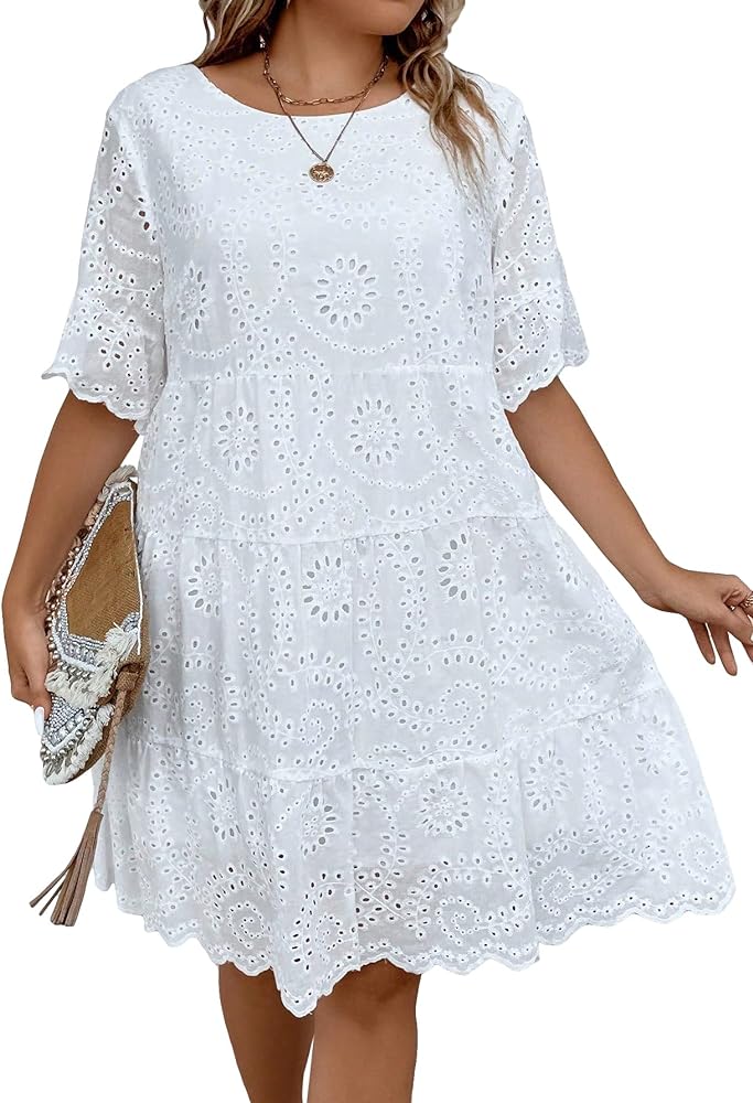 MakeMeChic Women's Plus Size Eyelet Short Sleeve Summer Dress Crew Neck Schiffy Smocked Dress