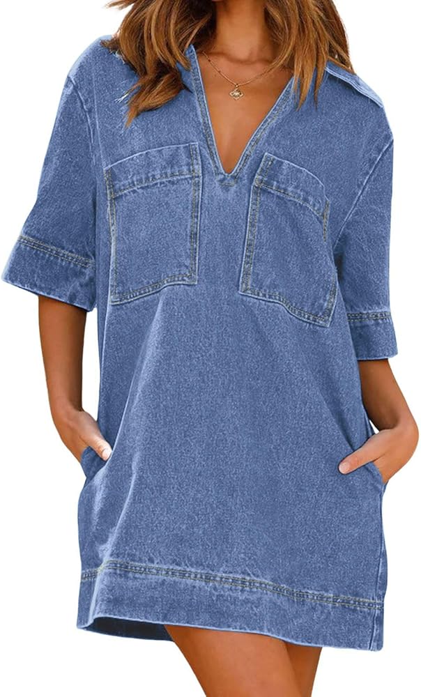 CHARTOU Women Loose Denim Dress Short Sleeve Casual Summer Dress Turn Down Pullover Vintage Tunic Jean Dress