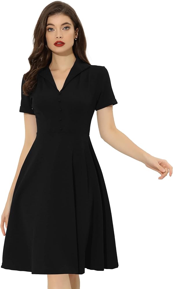 Allegra K Vintage Dresses for Women's 2024 Flat Collar Short Sleeve Fit and Flare Dress