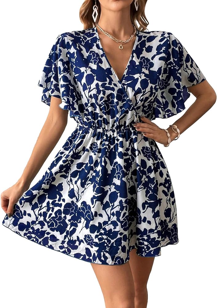 Floerns Women's Allover Floral Print Flounce Short Sleeve V Neck A Line Short Dress