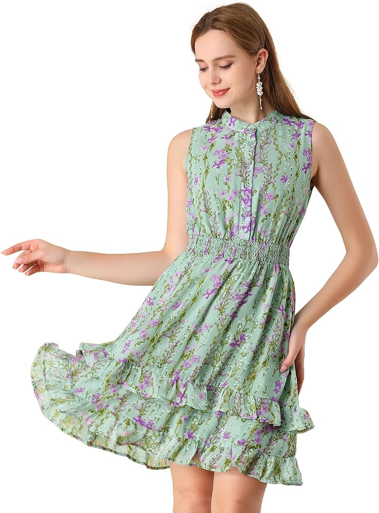 Allegra K Women's Chiffon A-Line Smocked Tiered Ruffled Mini Floral Dresses