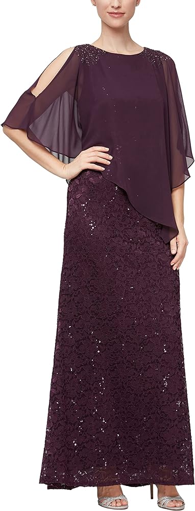 S.L. Fashions Women's Long Length Sequin Lace Beaded Capelet Dress, Formal Evening Gown, (Petite and Regular Sizes)