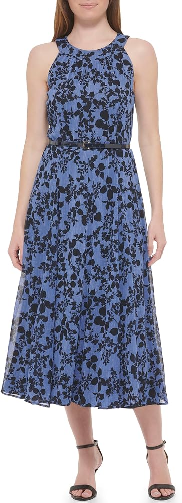 Tommy Hilfiger Women's Petite Halter Neck Belted Midi Dress, Sky Captain Multi