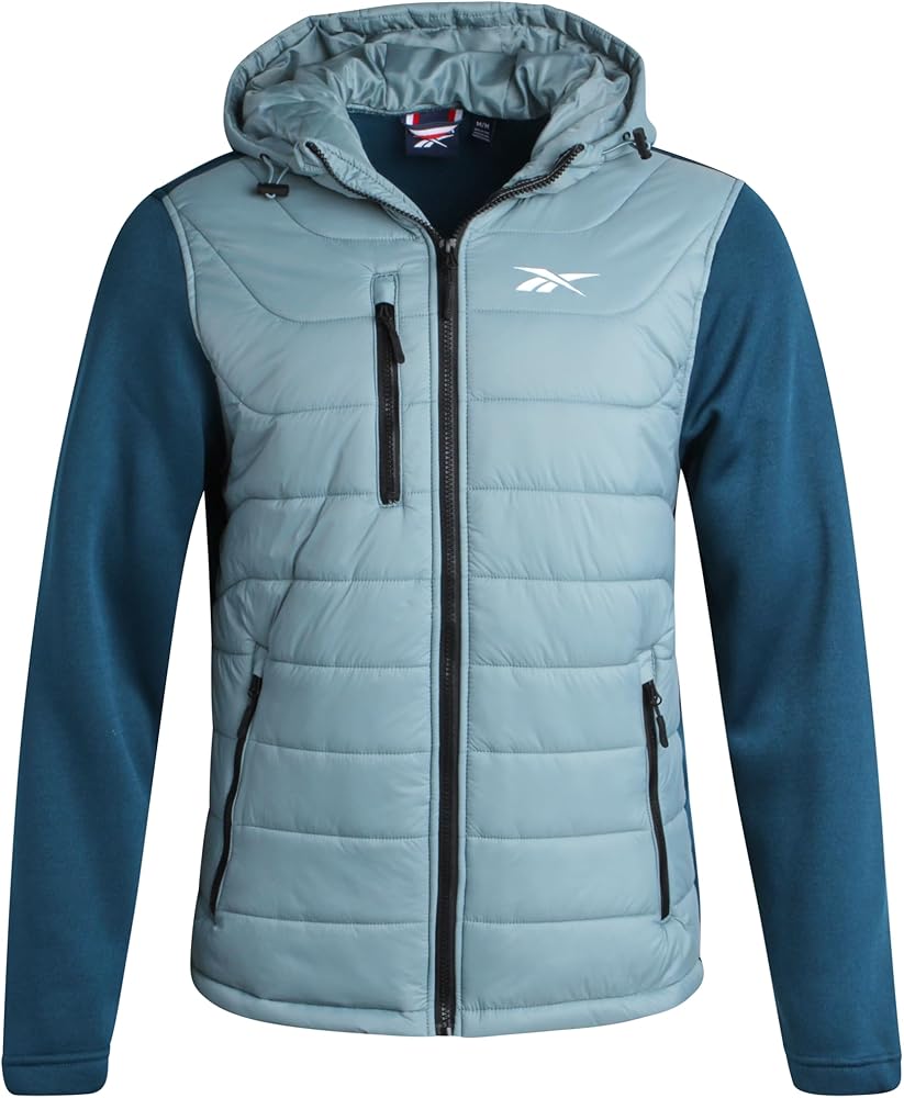 Reebok Men's Jacket - Quilted Puffer Bomber Jacket with Fleece and Tricot Sleeves - Hooded Outdoor Jackets for Men (L-XL)