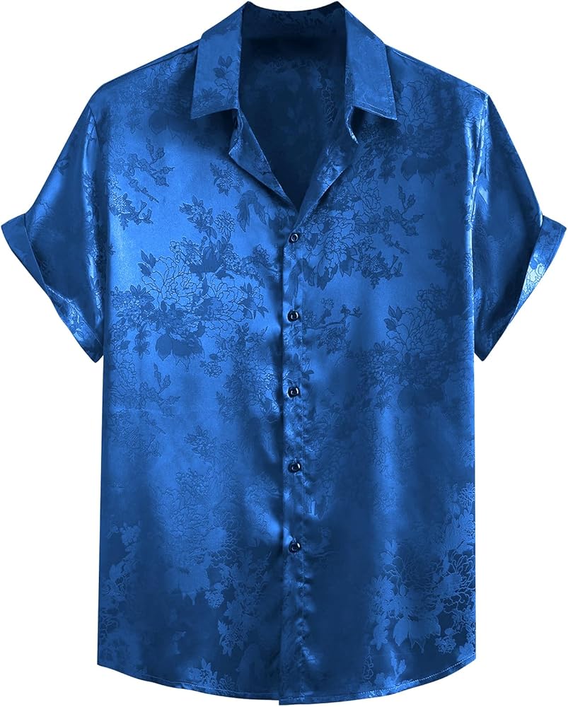 Floerns Men's Floral Jacquard Short Sleeve Button Front Satin Shirt Blouse Top